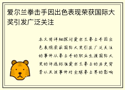 爱尔兰拳击手因出色表现荣获国际大奖引发广泛关注