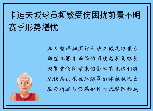 卡迪夫城球员频繁受伤困扰前景不明赛季形势堪忧