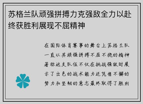苏格兰队顽强拼搏力克强敌全力以赴终获胜利展现不屈精神