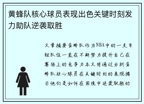 黄蜂队核心球员表现出色关键时刻发力助队逆袭取胜